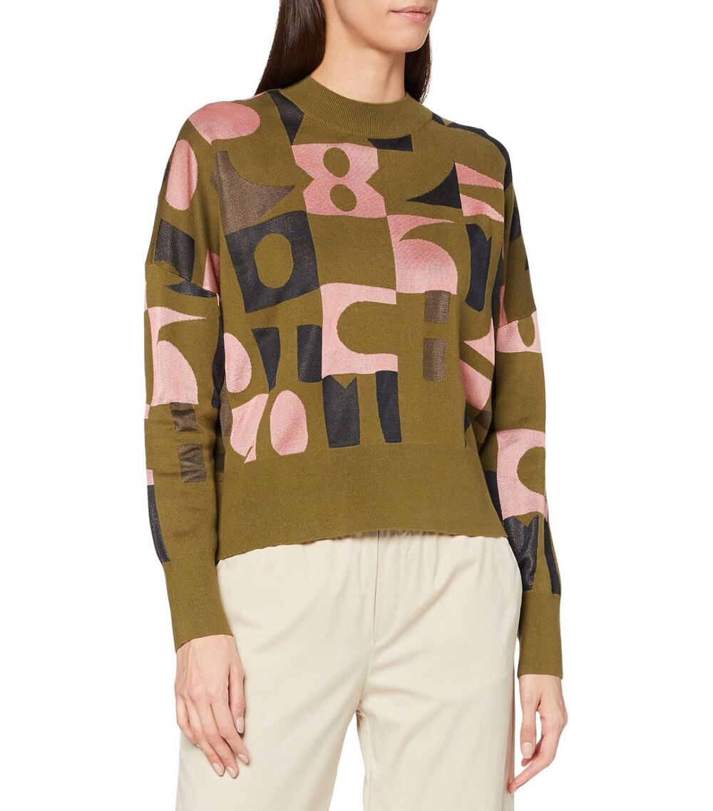 Scotch & Soda Sweater Womens Small Olive Crew Neck Jacquard Knit Geometric